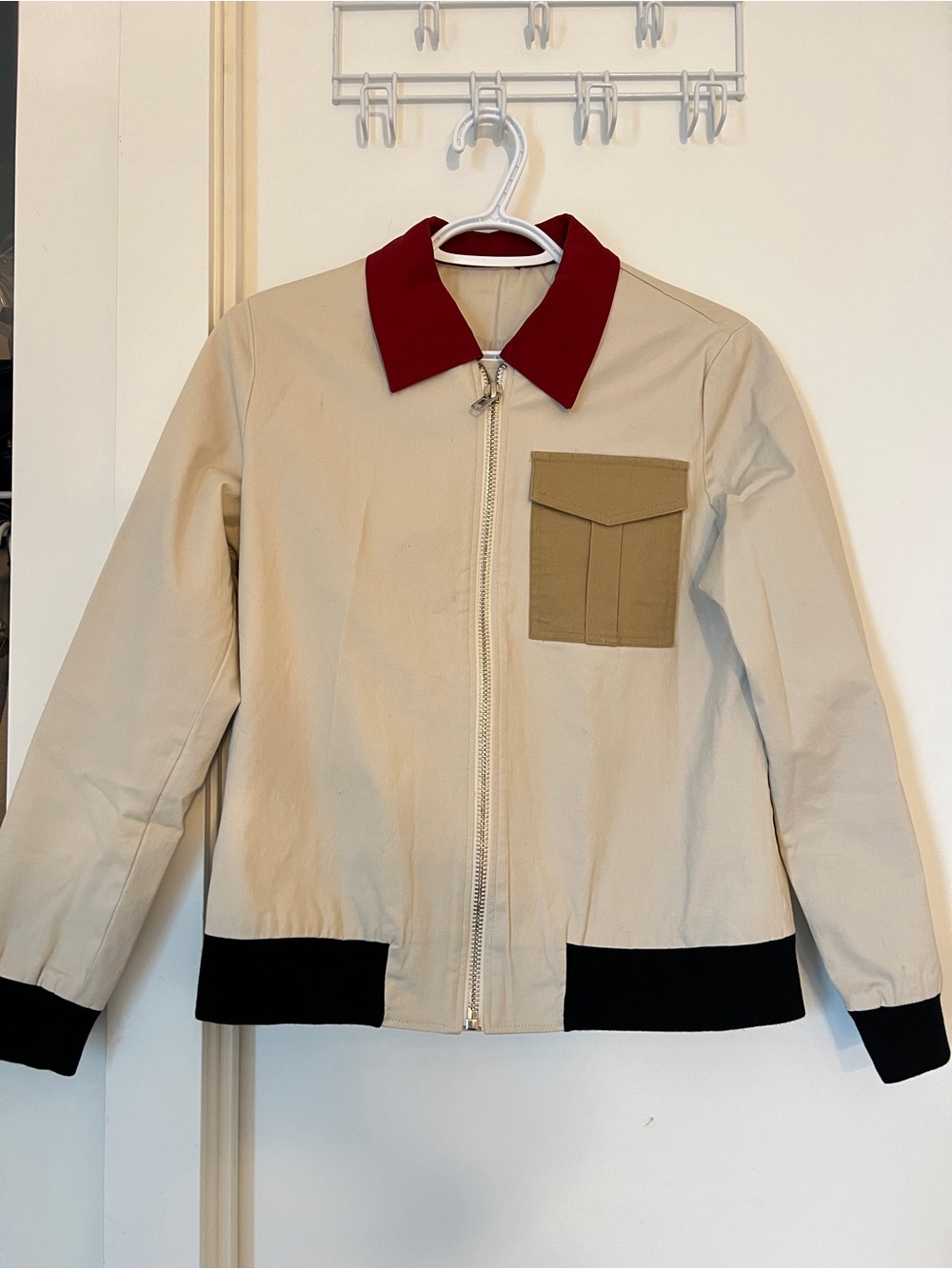 Beige Jacket with Red Collar and Black Trim - Woman Casual Zip Jacket